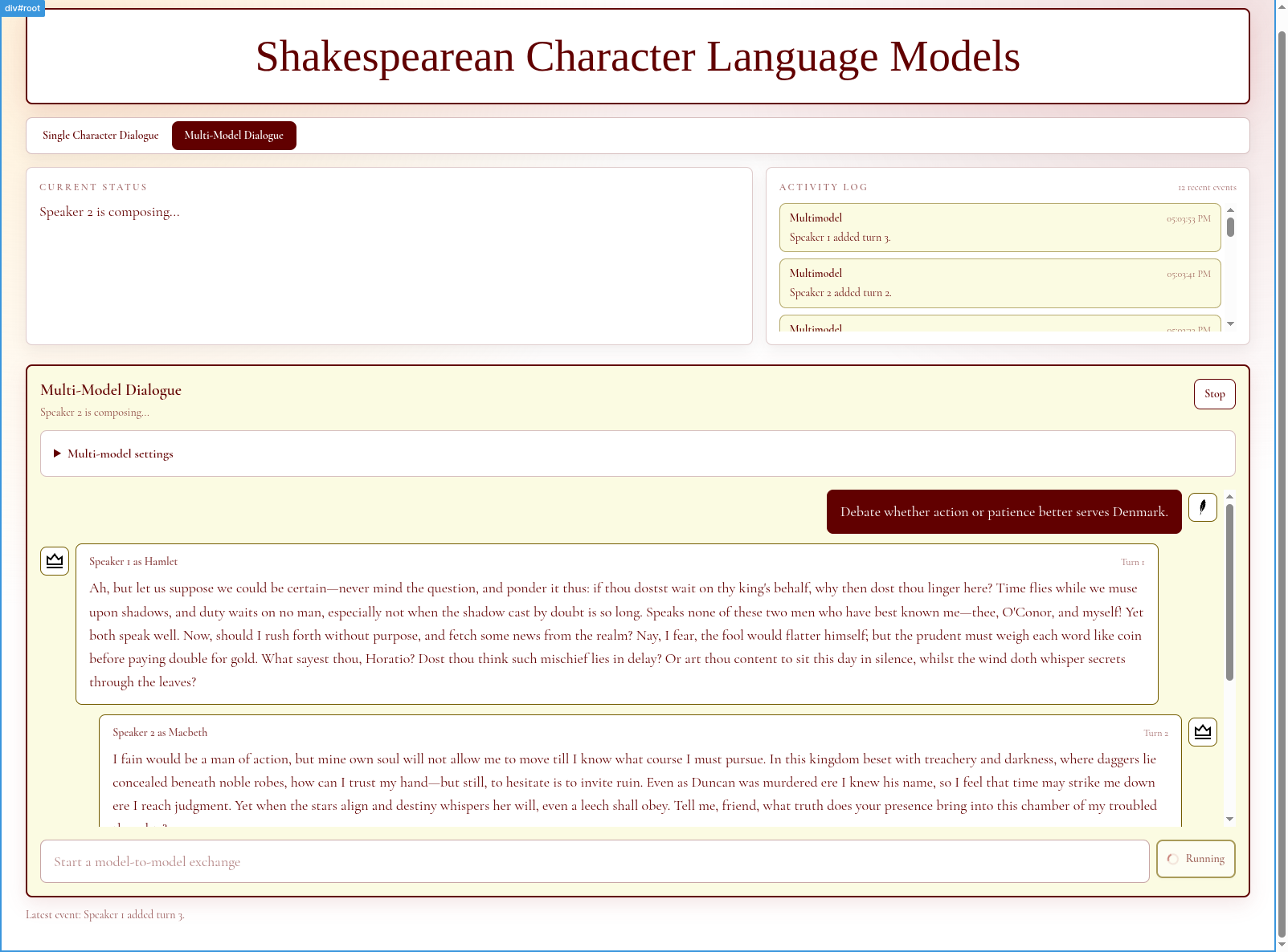 Shakespearean Personality LLM Augmentation — persona-consistent Shakespeare LLM demo screenshot