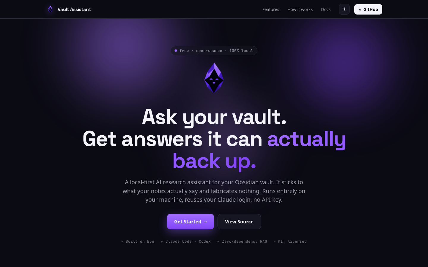 Vault Assistant — local-first Obsidian vault AI assistant, screenshot 1 of 4